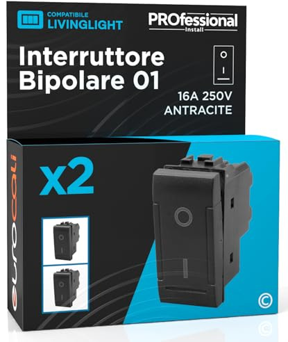 Interruptor bipolar de corriente 16 A 250 V I/O empotrable de pared color antracita frutas compatibles con BTicino Livinglight Serie Civil 802N – Paquete de 2 | Compatible con Bticino Livinglight Frutas Eléctricas Color Antracita - Paquete de 2