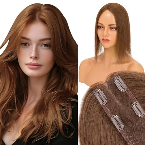 Elailite Hair Topper Donna Clip in Silk Lace Capelli Veri Toupee (Silk Base 6cm*15cm) Toupet Protesi Extension 25cm 36g #4 Marrone Cioccolato