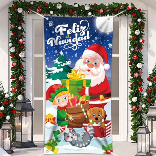 DPKOW Español Feliz Navidad Pancarta Decoración para Puerta Pared Casa Decoración, Papá Noel Elfo Perro Gato Mascota Pancarta Decoración, 180 * 90 cm