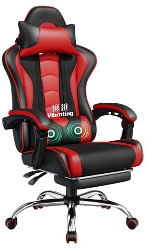 Yaheetech Chaise Gaming Massage Dossier Ailes Latérales Repose-Pieds Rouge | Inclinable & Hauteur Ajustable Base 72cm Charge 150kg Têtière Incluse Coussin Lombaire Massant USB Similicuir Bureau Salle