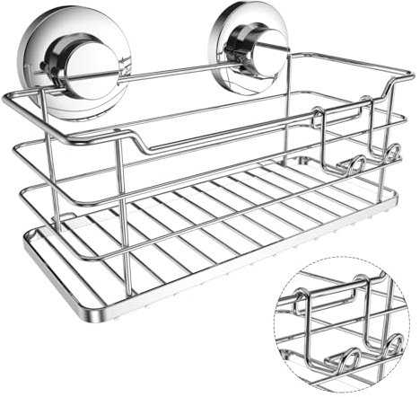 Poywaze Suction Shower Caddy with Hooks, Anti-rust Shower Organiser, Stainless Steel Basket, Silver Shower Tray, No Drilling Shelf for Bathroom And Kitchen Storage