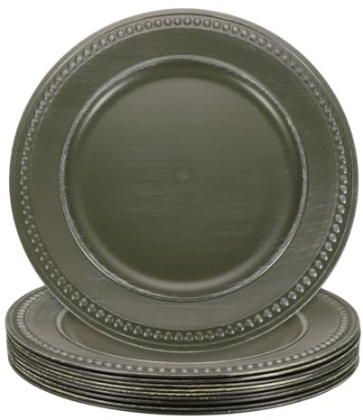 sourcing map 10pcs Vintage Charger Plates Bulk, 13 Inch Plastic Beaded Chargers for Dinner Plates Set Round Plate Charger for Wedding Party Event Table Setting Decoration, Green Brown