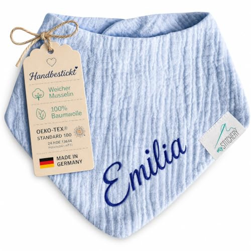 my STITCHERY Baby Lätzchen mit Namen bestickt, Oeko-TEX® Standard 100 - Personalisiertes Sabberlätzchen aus weichem Musselin