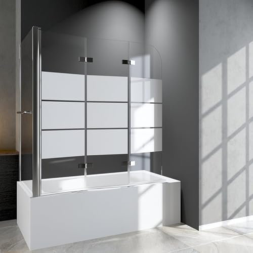 Duschabtrennung für Badewanne mit Seitenwand 75x120x140cm Duschwand 3-teilig Faltbar, Gestreift Glas Badewannenaufsatz Duschwand aus 6mm ESG Sicherheitsglas, Ecke Badewannenfaltwand für Badewanne