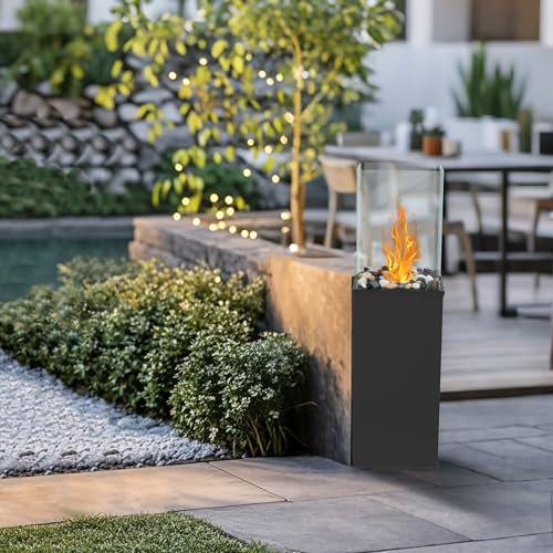 YRHome Standkamin Freistehender Bio-Ethanol Stand-Kamin Quadrat Bioethanolkamin Bodenkamin Terrassenkamin Für Out & Indoor Einstellbare Flamme Mit V-förmiger Klemmhaken (80x24,5x20cm