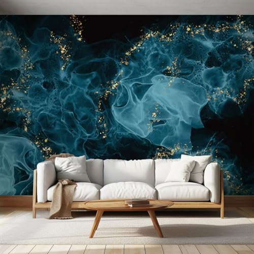 Générique Papier Peint Panoramique Bleu Or Encre Marbre, Papier Peint Intissé Abstraction Texture Psychédélique, Photo Trompe l'oeil Mural, pour Salon Chambre Décoration Murale 150x105 cm