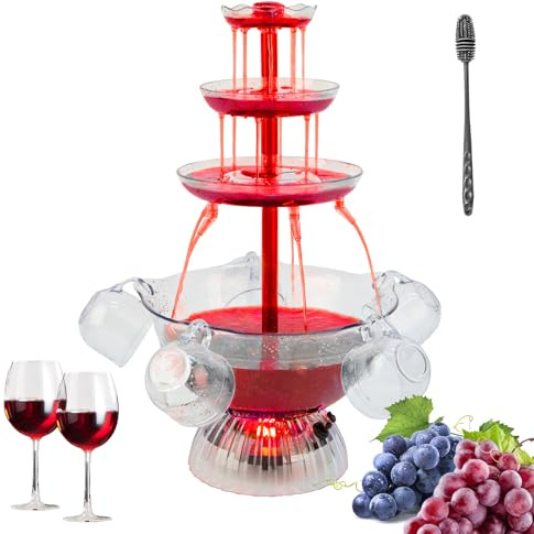 Fuente de fiesta transparente de 3 etapas, fuente de fiesta de vino tinto con 5 tazas, para bebidas de vino líquido, base iluminada con LED, colocación estable, para juegos de bebidas, bares