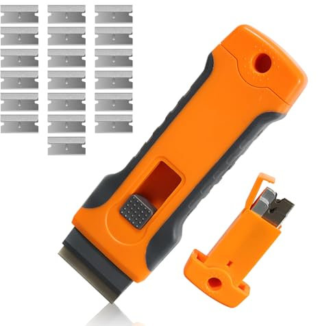 Cleaning Tool Non Scratch with 19 Spare & Built in Storage – Multi-Purpose Glass Scraper, Ceramic Hob & Oven Scraper Tool, Scraper for Cleaning with Ergonomic Handle, Cleaning of Tough Food