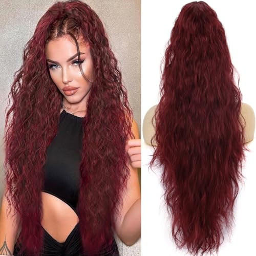 PORSMEER Damen Pferdeschwanz mit Klammer, Lange Wellig Lockig Haarteil Zopf Haarverlängerung Claw Clip in Haarteil Ponytail für Frauen 75cm (Weinrot)