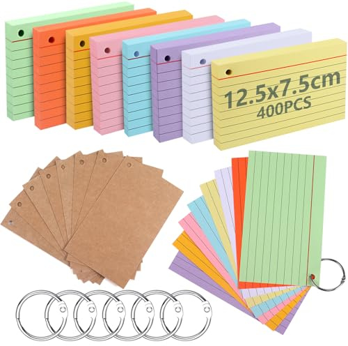 moinkerin Karteikarten 400 Stücke 4.92 * 2.95 Inch Mehrfarben Lernkarten Flashcards mit 6 Binderingen 8 Kraftpapier Karteikarten für Büro Haus Schule Lernen Linierte Karteikarte