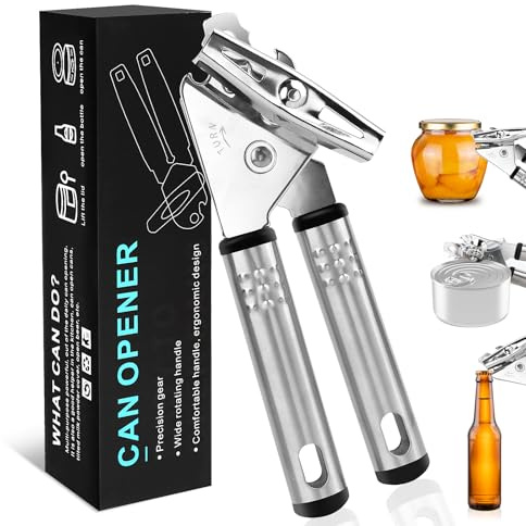 Abrelatas Manual, Acero Inoxidable, Borde Liso, Abridor de Latas Abrebotellas Profesional con Mango Antideslizante y Perilla de Torneado Ergonómica duradero y con gancho para colgarlo fácilmente