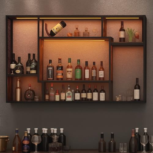 YOURLITE Étagère à Vin en Métal Murale avec LED, Porte-Bouteilles Mural Industrielle 120x80x15 cm, Etagere Murale Range Bouteille Vin (CO)