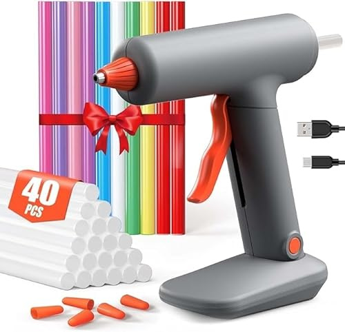 Hot Glue Gun 3000mAh, Cordless Glue Gun with 30 Glue Sticks & 10 Colorful Glue Sticks, Mini Glue Gun for Crafting, DIY, Art, One Removable Base Holder & 5 Silicone Finger Cases