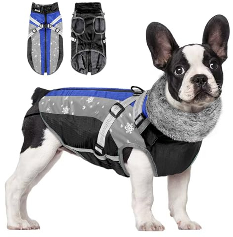 Eyein Hundemantel Winter, Wasserdichter Fleece Hundejacke mit Geschirr für kleine, mittlere und große Hunde, reflektierende Winddichter Welpenweste für Spaziergänge im Freien (Blau, M)