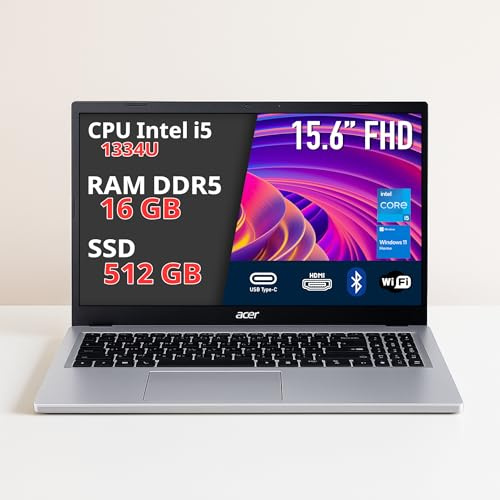 Acer Aspire Go 15 Pc Portatile i5-1334U, 16GB RAM DDR5, 512GB SSD, Notebook, Computer Portatile con Wi-Fi 6, BT 5.0, 2x USB-C, Display 15.6 Full HD, Laptop Ideale Per Ufficio, Studenti E Casa