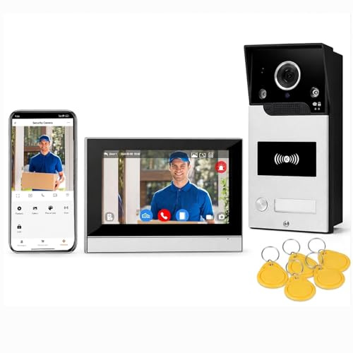 FTes RFKits Interphone Vidéo WiFi Tuya 7 Pouces 1080P, Appareil Interphone Filaire 4 Fils avec Caméra Extérieure IP65, Écran Tactile, Déverrouillage par App/Carte, Détection de Mouvement