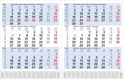 3-Monats-Planer Comfort Blau 2025: 3-Monatskalender groß I Wandplaner / Bürokalender mit Datumsschieber, Vor-und Nachmonat und Jahresübersicht I 30 x 39 cm (Packung mit 2)