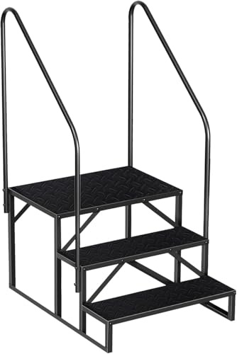 Garvee Escalier externeérieur antidérapant 3 marches pour Camping-Car – Capacité 300 kg, Portable, accès Animaux/véranda – Marchepied Robuste avec Double Rampe – Double Main Courante | 3 marches