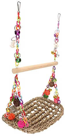 FILFEEL Jouets Colorés de Balançoire d'herbe de Mer d'oiseau avec la Perche en Bois et Les Boules de Rotin pour Le Plaisir et la Détente chez Les Oiseaux de Compagnie