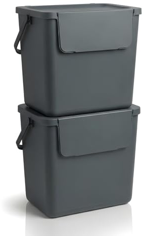 WUITOKI® Cubo de basura apilable, 2 x 30 l antracita, grande, sistema de separación de residuos independiente, resistente a los olores, 38 x 28 x 34 (H) cm