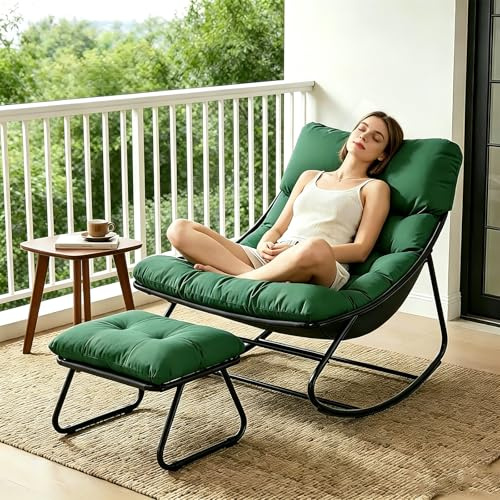 LIJYITF Schaukelstuhl mit Hocker, Schaukelsessel, Schaukelstuhl Wohnzimmer, Relaxstuhl Lesesessel mit Gepolsterter, Outdoor Lounge Sessel, bis 150 kg, für Balkon, Garten (Grün, 100T x 77B x 70H cm)