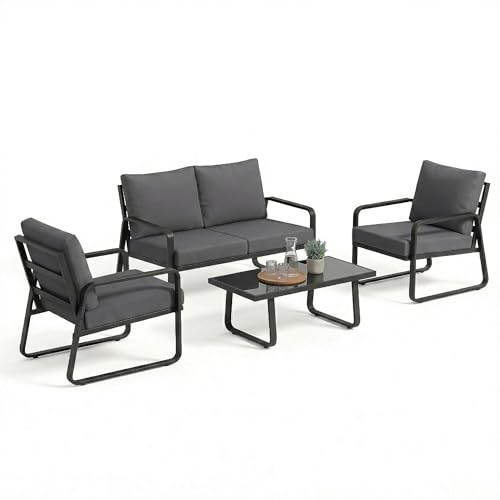 Outsunny Gartenmöbel, 4-teilig, mit abnehmbarem Bezug, sehr dick, 16 cm – Sofa und Terrassen-Sessel aus robustem Metall – Lounge-Set für den Garten, Couchtisch aus Hartglas, schwarz