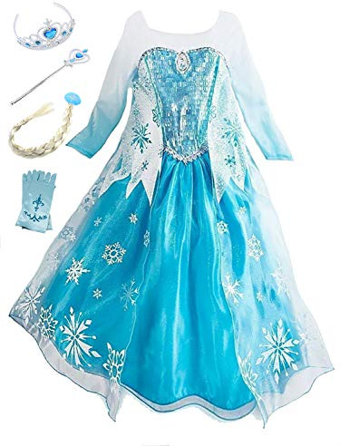 Monissy Mädchen Prinzessin Kostüm Kinder Cosplay Kostüm Set Mädchen Eiskönigin Kostüm Elsa Kleid Blau Langarm Schneeflocke Tutu Fasching Kostüm Weihnachten Karneval Verkleidung Party 100-150 3-11 jahr