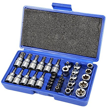 Flyelf 34 pièce Douille Torx Femelle Mâle Chrome vanadium Jeu de douilles Embout Prises E & T