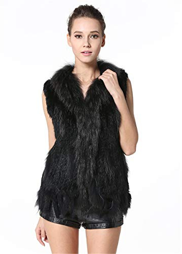 KAISHIN Gilet in Vera Pelliccia di Coniglio Lavorati a Maglia alla Moda per Donna Gilet con Collo in Pelliccia di Procione Casual per Tutte Le Partite (Nero, L: IT 46-48)