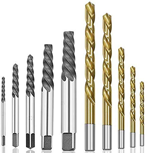 Loboo Idea 10Pcs Screw Extractor Left Hand Cobalt Drill Bit Set, Damaged Screw Remover Stripped Screw Removers Drill Set, Cobalt Drill Bit Sets with Metal Case (10-Pieces/Set, Gold)