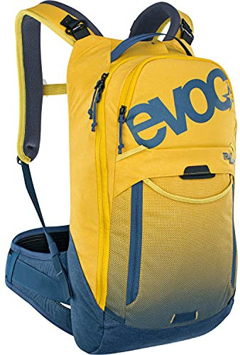 EVOC TRAIL PRO 10l Rucksack für Trailriding & Renneinsätze, Backpack (leichter Fahrradrucksack, LITESHIELD PLUS Rückenprotektor, 3l Trinkblasenfach, Größe: L/XL), Curry/Denim