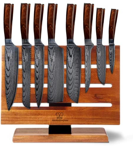Küchenkompane – Edelstahl Messerset Kasshoku mit magnetischem Messerblock | 8-teiliges Küchenmesser Set | Rückseite nutzbar, bis zu 16 Messer | rostfreie & scharfe Kochmesser | Designed in Germany