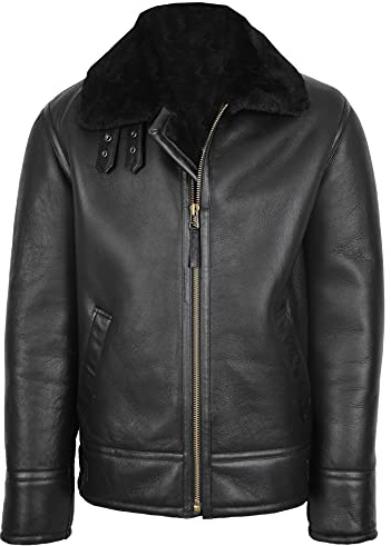 Herren Lammfell Flieger-Lederjacke Schaffell Mantel Oscar Schwarz, Schwarz , L