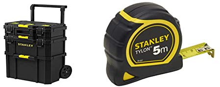 STANLEY - SERVANTE 3 EN 1 QUICKLINK - Boîte à outils compacte + Boîte à outils profonde avec porte-outils intégré + Coffre de chantier Maxi Volume & Mètre Tylon Bi matière 5m X 19mm