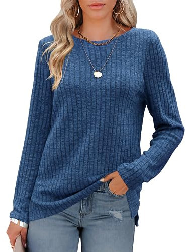 Odosalii Langarmshirt Damen Pullover Herbst Rippenstrick Rundhals Ausschnitt Oberteile Seitensplit Tunika Tops Basic Mode Tshirts Blusen Longshirt Kleidung