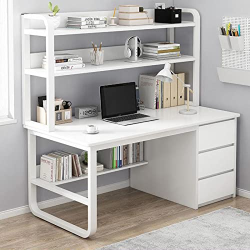 KAZUP Computertisch mit Schrank und Bücherregal, Home-Office-Schreibtisch mit 3 Schubladen, industrieller Arbeitsschreibtisch, Arbeitsplatz für Zuhause und Büro (47 Zoll, weiß)