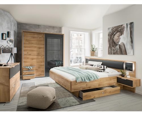 Lomadox Schlafzimmer Set 5-teilig mit Bett 160x200, LED-Beleuchtung, Schwebetürenschrank 228cm mit Passepartout, Bettschubkästen, Kommode in Graphit mit Eiche Modern