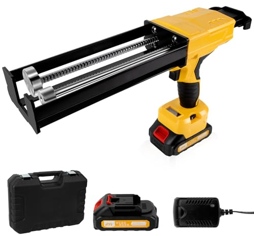 Electric Cordless Caulking Gun Dripless Double Cartridge Adhesive Epoxy Gun for 400mL/13.5fl oz(2:1 Mix Ratio) Automatic Power Dual Component Professional Caulk Gun 6 Speeds with LED Light 2 Batteries