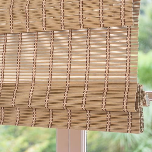 Sunbox Cordless Bamboo Roman Shade Blind, Woven Wood Roman Shades, Light Filtering Natural Bamboo Shades for Windows, French Doors, 34 W x 48 H, Caramel Brown