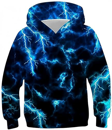 Ocean Plus huvtröja för pojkar, djurtryck, huvtröja med tryck, huvtröja för barn, sweatshirt med huva, mörkblå blixt, 12 �r
