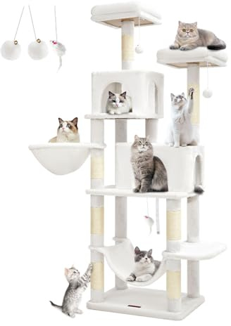 Taoqimiao 170cm Kratzbaum Groß，Katzenbaum Kratzbaum Grosse Katzen Stabil mit 2 Katzenhaus, Hängematte, Korb, 8 Kratzsäulen, 2 Große Plattform, MS013C, Cremeweiß