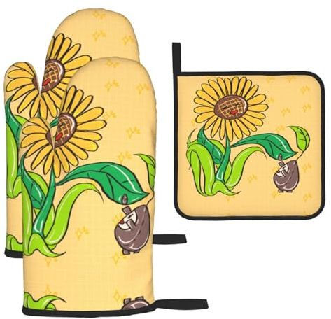 Guanti da forno con semi di girasole e girasoli e presine, guanti e supporti per barbecue (set da 3 pezzi)
