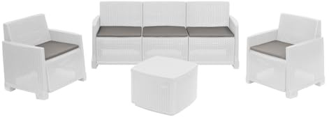 Dmora - Ensemble de Salon d'extérieur Alassio, Composition de Jardin avec 2 fauteuils, 1 canapé et 1 Table de Rangement, Effet rotin avec Coussins, 100% Made in Italy, Blanc