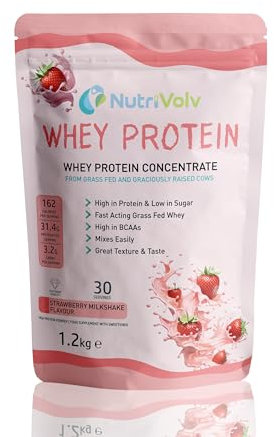 NutriVolv Whey Protein Concentrate | 30 Servings | Fast Acting Grass Fed | High Protein, Build Lean Muscle | Low Calories Low Sugar | Strawberry Milkshake Flavour 1.2kg