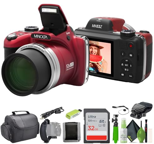 MINOLTA MN53Z - Fotocamera digitale bridge FHD da 16 MP / 1080p, con zoom ottico 53x, rosso, con scheda di memoria da 32 GB, borsa per camara, kit di pulizia, treppiede per vlogging e accessori