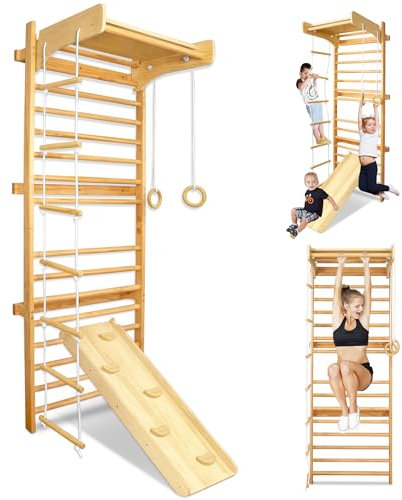 TATIVALO Sprossenwand Sportgerät aus Holz Kletterwand Klettergerüst Indoor, Fitness Turnwand Heimsportgerät für Kinder & Erwachsene mit Stange Turnringe Rutsche Strickleiter