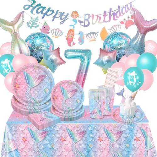 Komicea Meerjungfrau Geburtstag Deko, 103 stück Meerjungfrau Partygeschirr Set, 7 Jahre Geburtstagsdeko Mädchen, 7 Jahre Geburtstag Party Geschirr für Kindergeburtstag Deko Babyparty 16 Gäste