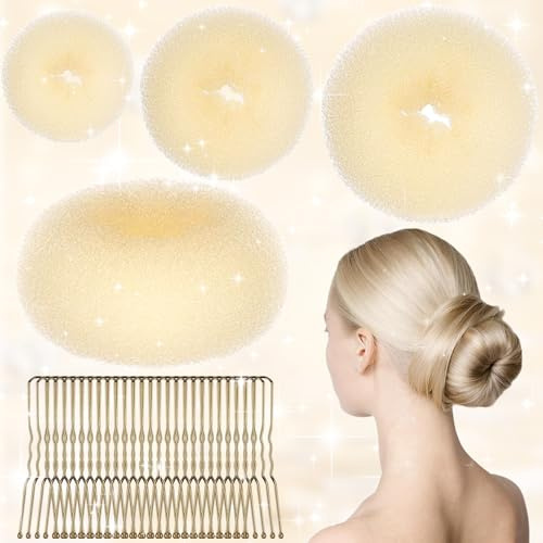 SoundZero 4 Stück Donut Hair Bun Set, Donut Haark Hochsteckfrisuren Zubehör, Hochsteckfrisuren Zubehör, Haardonut Maker Set, für Frisur Tänzer Kinder Mädchen Frauen, Kommt mit 20 Haarnadeln (Gold)