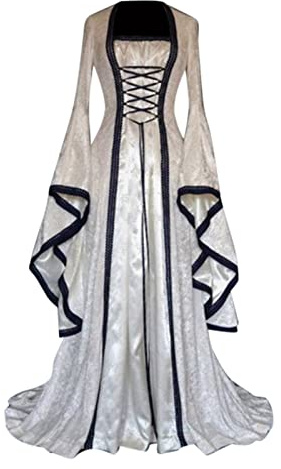 Rrongwn Vestido medieval de mujer de manga larga con capucha, vestido de princesa medieval, vestido elegante de noche, rococó victoriano, gótico, vestido de cóctel, disfraz de Halloween, Blanco, XXXXL
