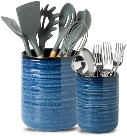 HASENSE Ceramic Utensil Holder, 7.4+5.5 Kitchen Utensil Holder Crocks for Countertop, Modern Kitchen Tool Organizer for Spatulas, Whisks, and Tongs, Farmhouse Home Decor, Set of 2, Blue